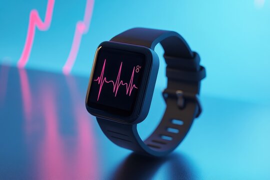 Smartwatch displaying heart rate data with vibrant background lighting for fitness monitoring - Powered by Adobe