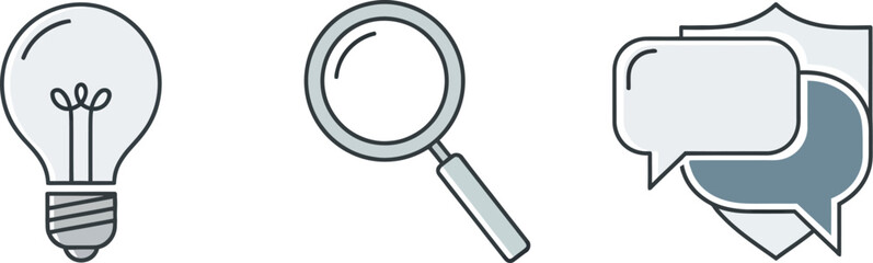 Drawn light bulb magnifying glass and speech bubbles icons for ideas search and communication vector