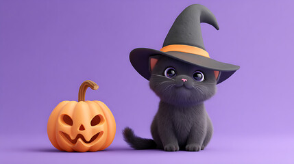Cute black kitten wearing a witch hat beside a carved pumpkin on a purple background