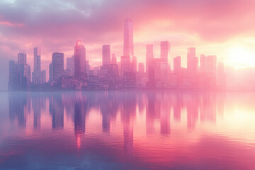 Obraz premium City skyline against a pink sky with clouds.