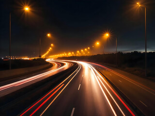 Obraz premium Long exposure of nighttime highway with light trails and illuminated street lamps.