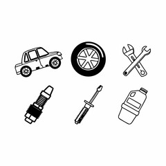 Fototapeta premium Car repair tools and parts icons, including wrench, tire, spark plug, and oil