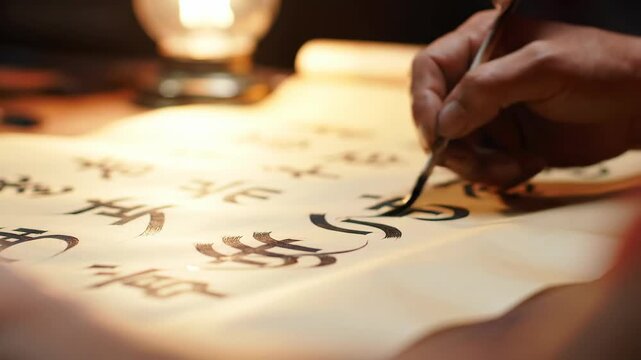 Person writing ancient text with quill pen on parchment paper.