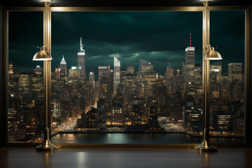 Fototapeta premium View of the city skyline from an empty room with large glass windows at night. The glowing skyscrapers, Perfect for use in architectural presentations, luxury interior and design mockups