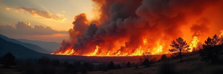 Fiery orange and black smoke billows from a raging wildfire, consuming a dry forest landscape  The flames reach towards the sky, highlighting the destructive power of nature ,  woods,  devastation