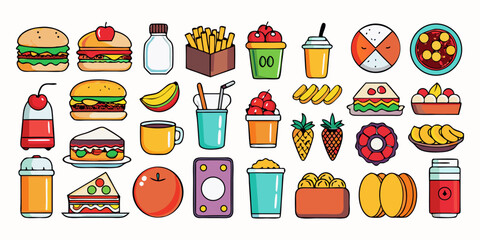 A high-resolution flat-lay image of 80 realistic food and drink items arranged in neat rows on a clean white background. The items include fresh fruits like cherries and apples, dairy products like ch