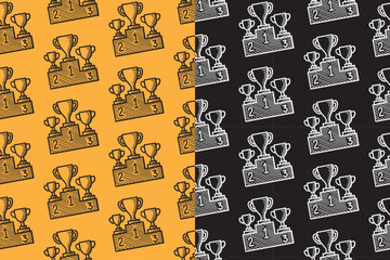Fototapeta premium Winner podium with trophy engraving seamless pattern on yellow black background for merchandise. Award podium line art doodle pattern background. Victory podium hand drawn motif wallpaper