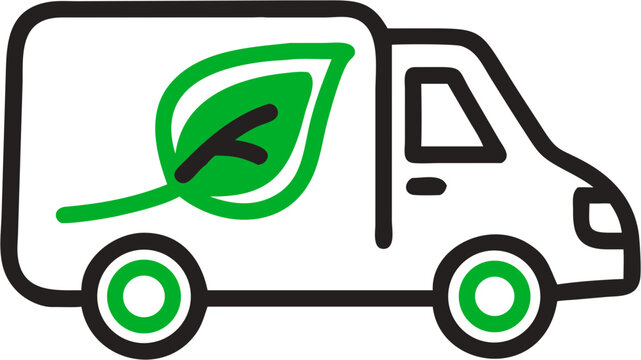 Eco friendly delivery van with green leaf symbol representing sustainability and environmental care in transportation services