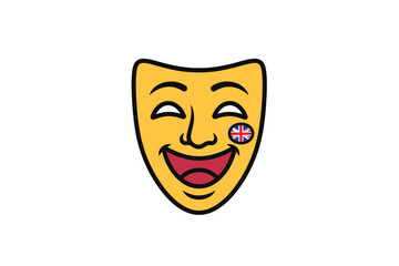 A cartoonish yellow comedy mask with a British flag sticker.