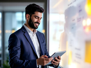 Fototapeta premium A man in a blue suit, holding a tablet, is smiling and looking at a whiteboard in a well-lit office.