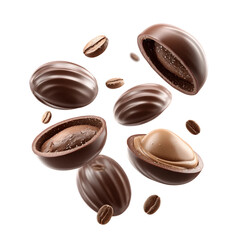 Fototapeta premium PNG, Dubai chocolate, set of levitating chocolate candies with filling isolated on with white background