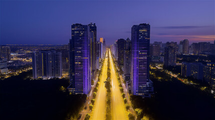 Fototapeta premium Aerial night view of illuminated city street with glowing skyscrapers on both sides, symbolizing urban lifestyle, business growth, modern architecture and city infrastructure.