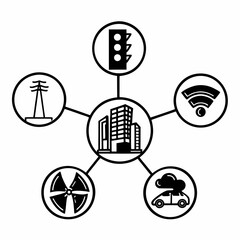 Doodle icons of city infrastructure network, including traffic light, power line, building, wifi, and car