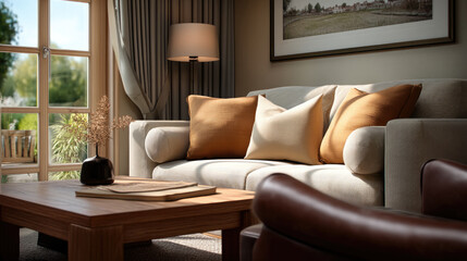 Cozy living room with beige sofa, brown cushions, wooden coffee table, soft sunlight, and peaceful atmosphere