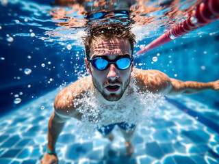 Naklejka premium Swimmer in blue goggles swimming underwater in a pool.