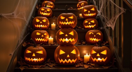 Lit jackolanterns arranged on stairs with candles and autumn leaves creating a festive Halloween display