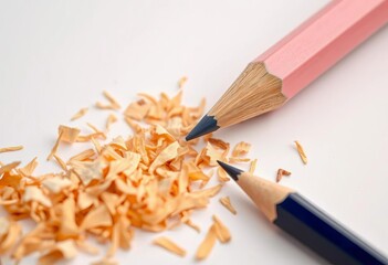Obraz premium Close-up of sharpened pencils and wood shavings on a pristine white surface, creativity, design