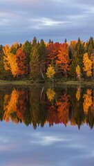 Obraz premium Autumn forest reflected in calm lake water fall trees