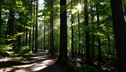Obraz premium Sunlight streams through a dense forest, illuminating a path winding between tall, green trees and casting long shadows on the ground.