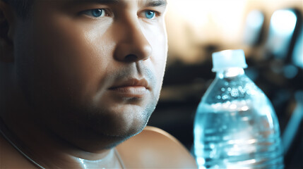 Bearded man drinking water from plastic bottle against dark background, hydration and health concept symbolizing fitness lifestyle and wellness in dramatic lighting.