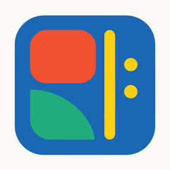 A vibrant abstract digital illustration featuring a blue square background with colorful geometric shapes, including a red rectangle, a green curved shape, and a yellow vertical bar with two