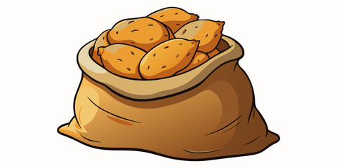 A highly realistic image of a burlap sack filled with fresh, raw potatoes, with several spilling out onto a clean white surface. The potatoes have natural, earthy textures with small blemishes and a s