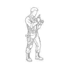 vector sketch illustration of a soldier police stand and reloading his gun