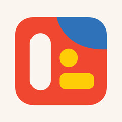 Abstract graphic icon with a red background, featuring a white vertical oval, a yellow circle, a yellow horizontal rectangle, and a blue curved shape, suggesting a modern app or profile design.