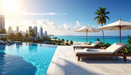 Luxurious resort pool overlooking the ocean with lounge chairs and umbrellas on a sunny day.