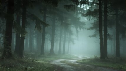 Fototapeta premium Mist-Shrouded Forest with Various Paths Illuminated by Atmospheric Lighting, Mystical and Serene Landscape