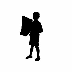 Silhouette of a young boy dreaming of a better future while working isolated on white background