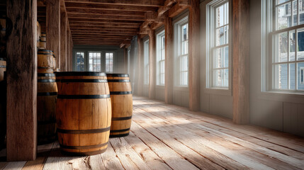 Naklejka premium Sunlight streams through large windows onto wooden barrels in rustic warehouse, creating warm, nostalgic atmosphere