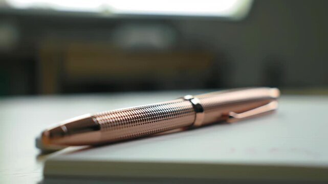 Elegant rose gold pen rests on a notepad with an eraser nearby.
