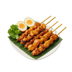 Photo of a plate of chicken satay skewers served with hardboiled egg halves and fresh parsley, presented on a banana leaf, isolated on a transparent background, showcasing asian street food