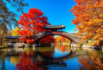 Serene Asian bridge arching over tranquil water, vibrant autumn foliage ,  yellow,  majestic