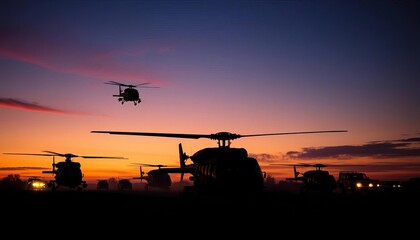 Fototapeta premium Silhouetted helicopters and vehicles deploying at dusk, battlefield, transport