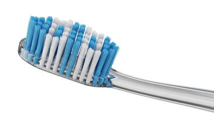 Modern transparent toothbrush with blue and white bristles in a close-up studio shot, on Transparent Background