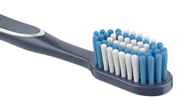 Close-up of a blue and white toothbrush head with detailed bristles on a Transparent Background