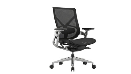 Modern ergonomic black mesh office chair with adjustable armrests on a Transparent Background