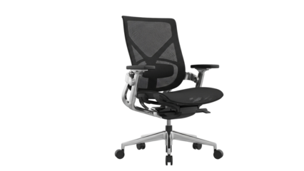 Modern ergonomic black mesh office chair with adjustable armrests on a Transparent Background