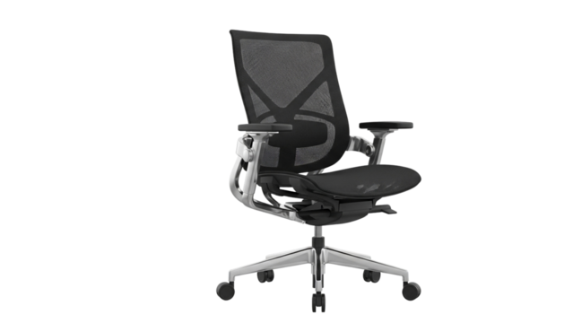 Modern ergonomic black mesh office chair with adjustable armrests on a Transparent Background