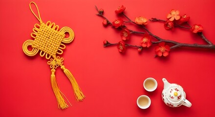 Chinese knot, plum blossom branch, tea pot and cups on red background for lunar new year