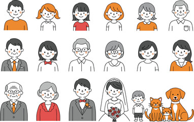 Cartoon vector illustration of large multigenerational family group with pets, including bride and groom, wedding or family celebration concept in flat style