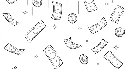 Seamless vector pattern of stylized falling cash and coins with shine effects. This cheerful and clean design is excellent for backgrounds related to finance and winning.