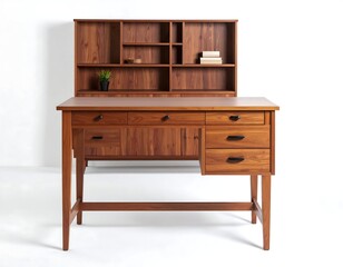 Wooden desk and bookcase set against white background