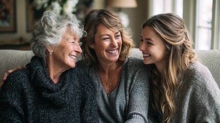 Generations of Joy: Three generations of women share a heartwarming moment of laughter and connection, embracing the beauty of family bonds and love within a comfortable home setting.