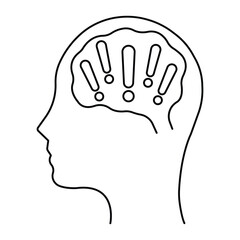 Mental Alertness Icon Vector Illustration, Human Head with Brain and Exclamation Marks, Anxiety Stress Symbol, Line Art Style.