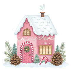 Watercolor illustration of a pastel pink gingerbread house  White Background
