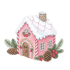 Watercolor illustration of a pastel pink gingerbread house  White Background