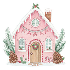 Watercolor illustration of a pastel pink gingerbread house  White Background